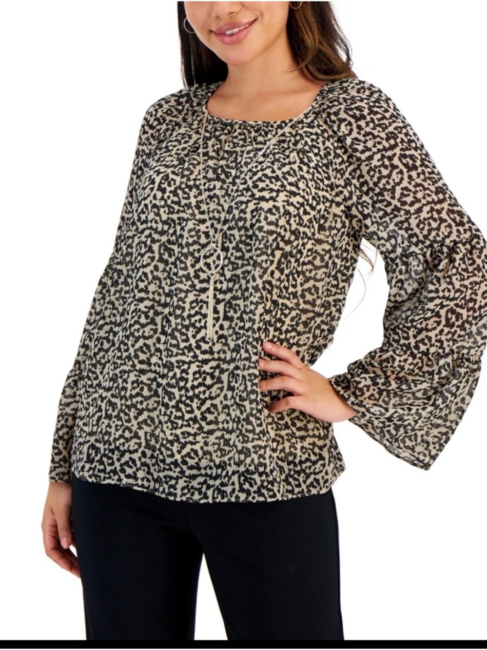 NWT JM Collection Petite Abstract-Print Tiered-Sleeve Top